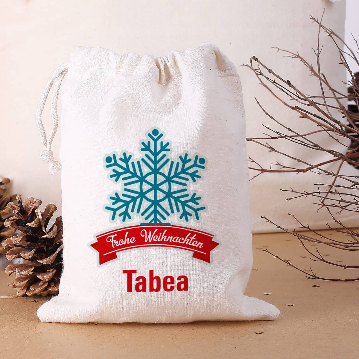 Geschenksäckchen mit Schneestern - Frohe Weihnachten - und Name