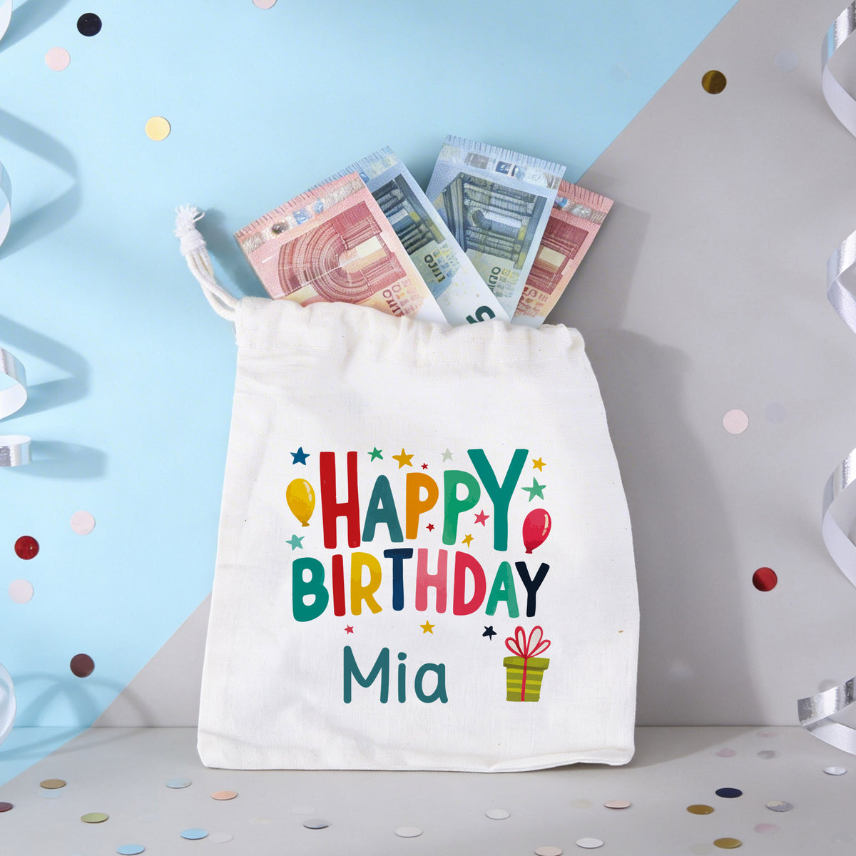 Kleiner Geschenksack als Geldgeschenk mit Happy Birthday Motiv und Name als Geldgeschenk