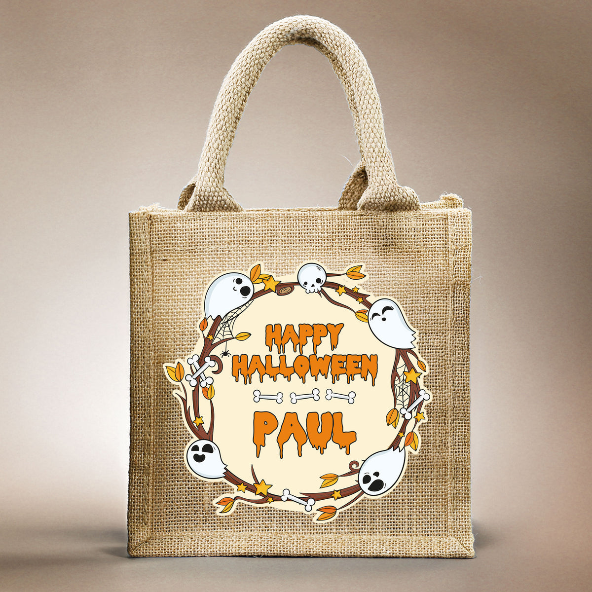 Vorderansicht der Halloween-Jutetasche mit gruseligem Motiv und Wunschname