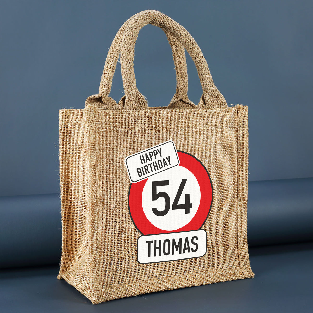 Personalisierte Jute-Geschenktasche mit Verkehrszeichen-Motiv zum Geburtstag