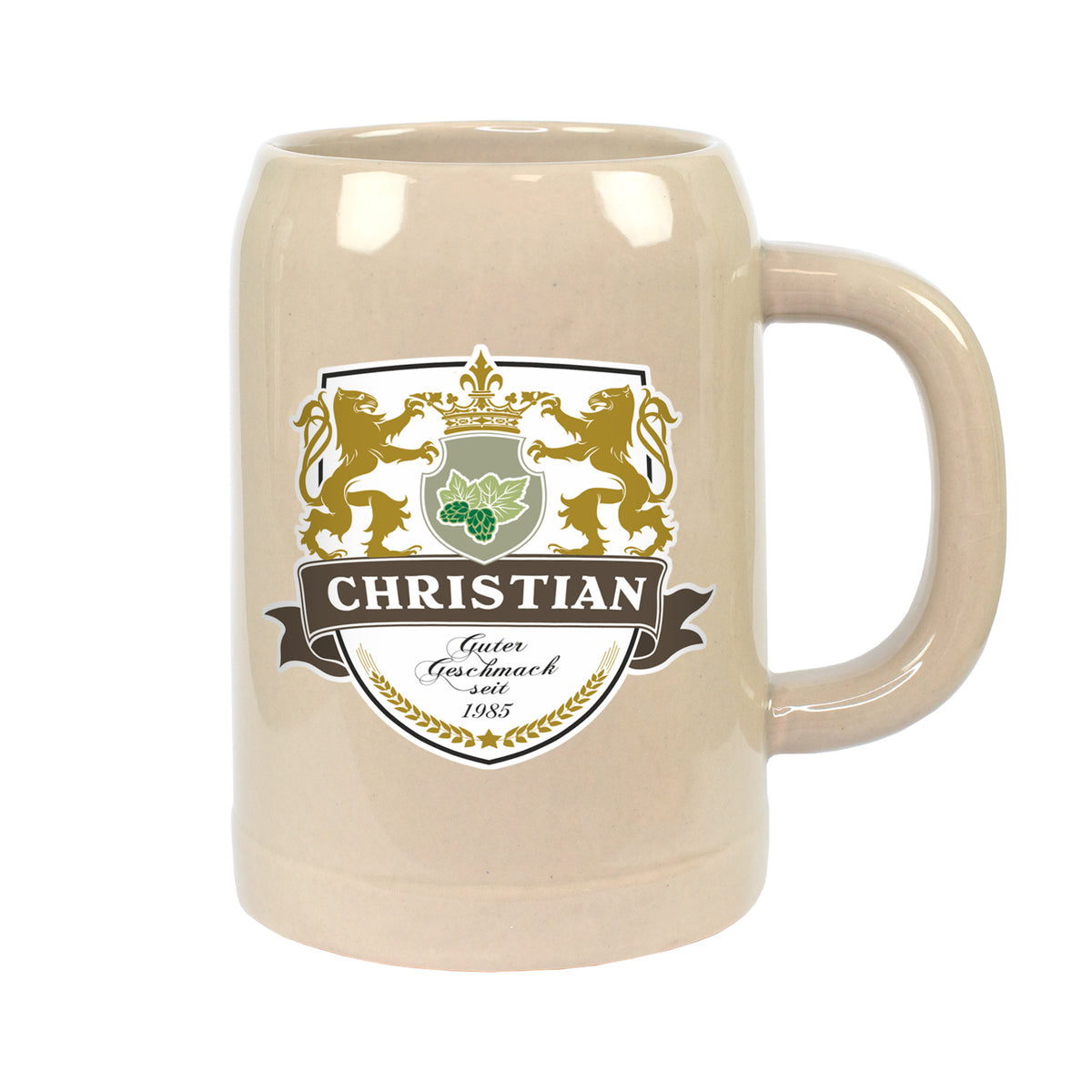 Freigestellter Bierkrug mit Name Christian und Jahr 1985 auf weißem Hintergrund