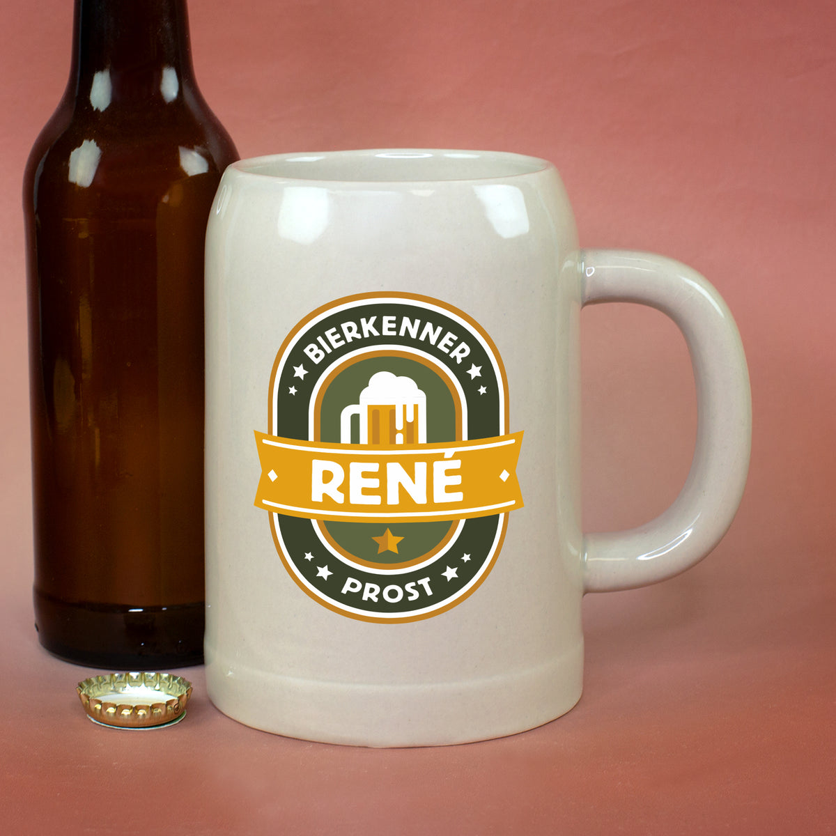 Steingut Bierkrug mit Namen René als Geschenk für Bierliebhaber