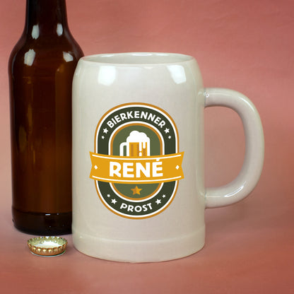 Steingut Bierkrug mit Namen René als Geschenk für Bierliebhaber