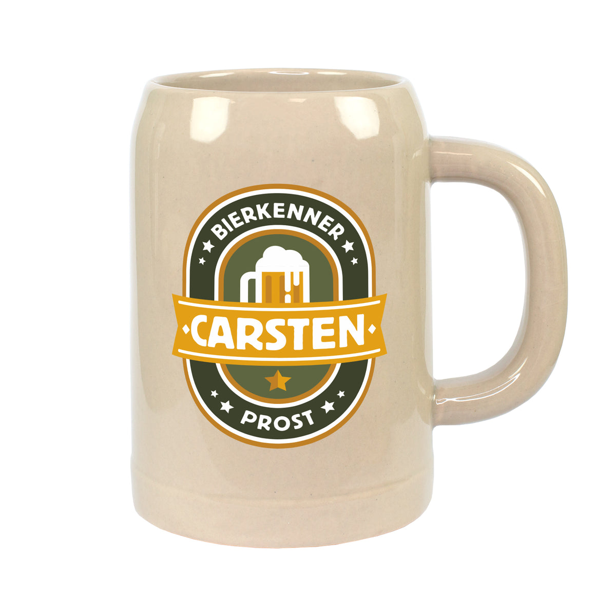 Freigestellter Bierkrug mit personalisiertem Bierkenner-Motiv und Wunschname