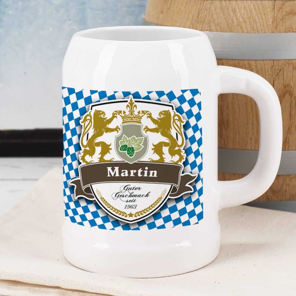 Bierkrug aus Keramik mit Name bedruckt