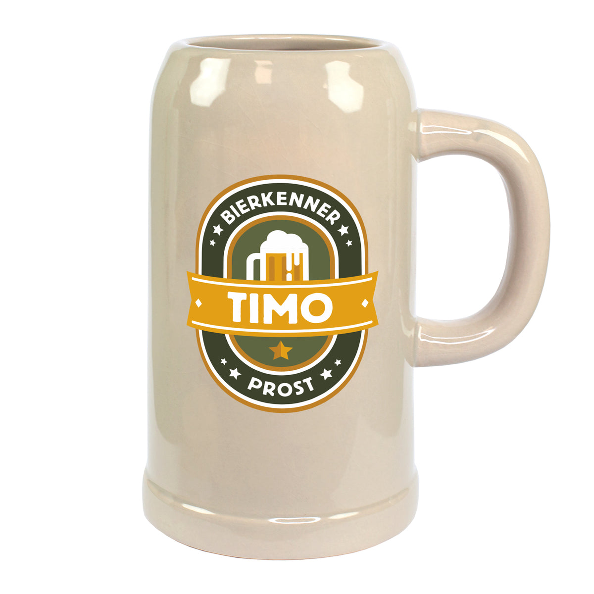 Freigestellter großer Bierkrug mit personalisiertem Bierkenner-Motiv und Wunschname