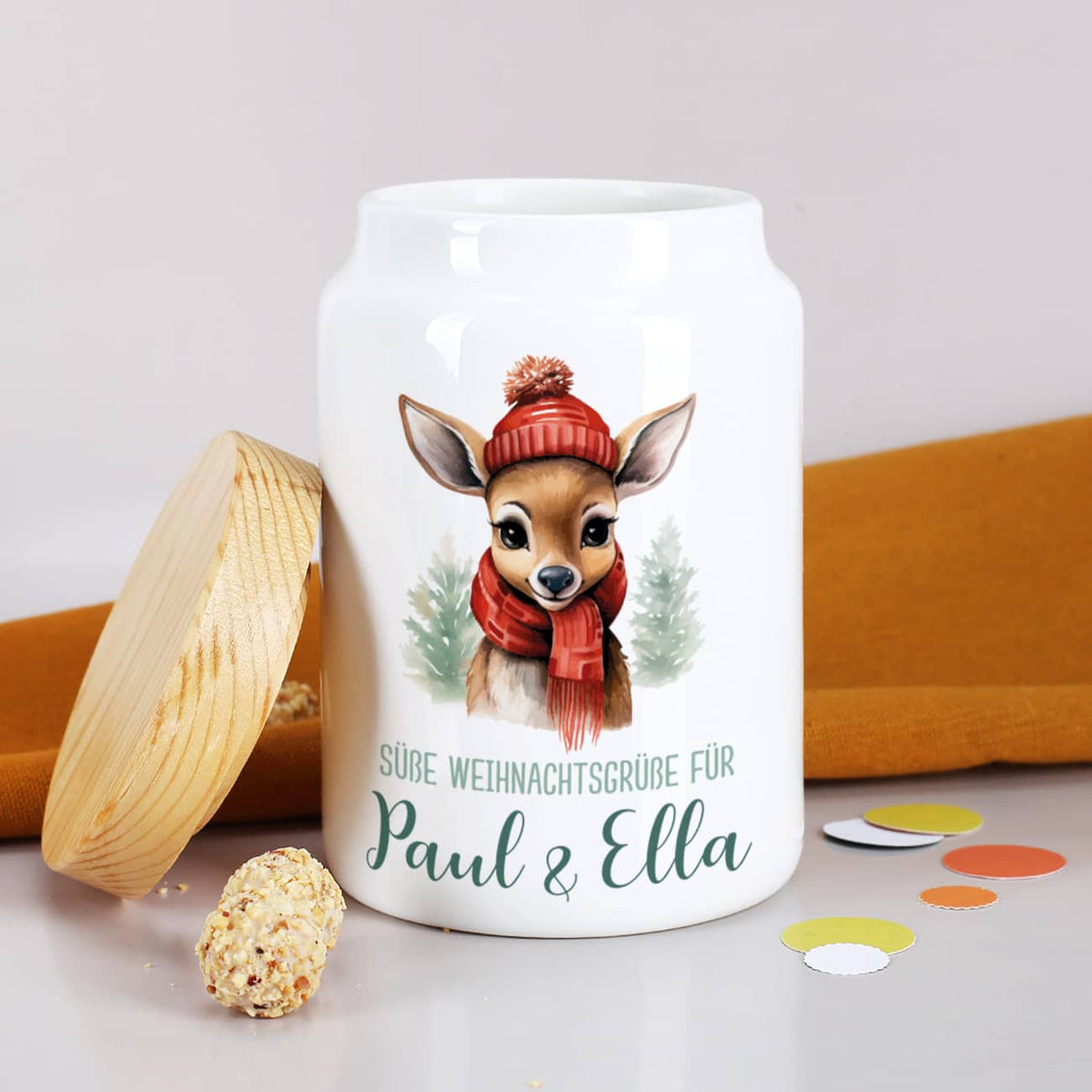 Keramik-Dose zu Weihnachten mit kleinem Rentier, Wunschtext & Name
