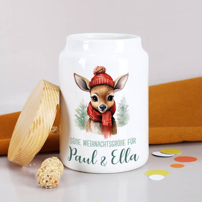 Keramik-Dose zu Weihnachten mit kleinem Rentier, Wunschtext & Name