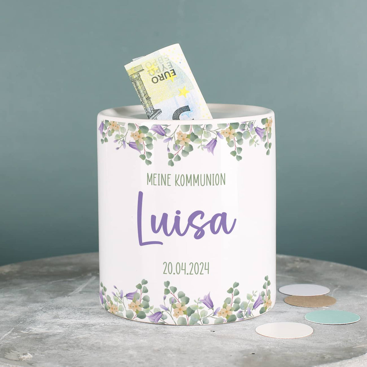 Spardose mit lila Blumenmotiv