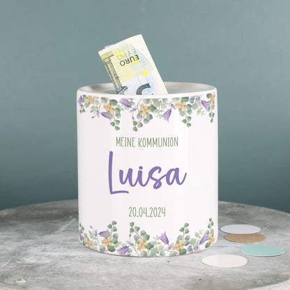 Spardose mit lila Blumenmotiv