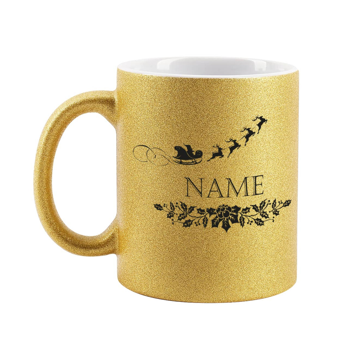 Goldene Glitzertasse zu Weihnachten mit Name bedruckt