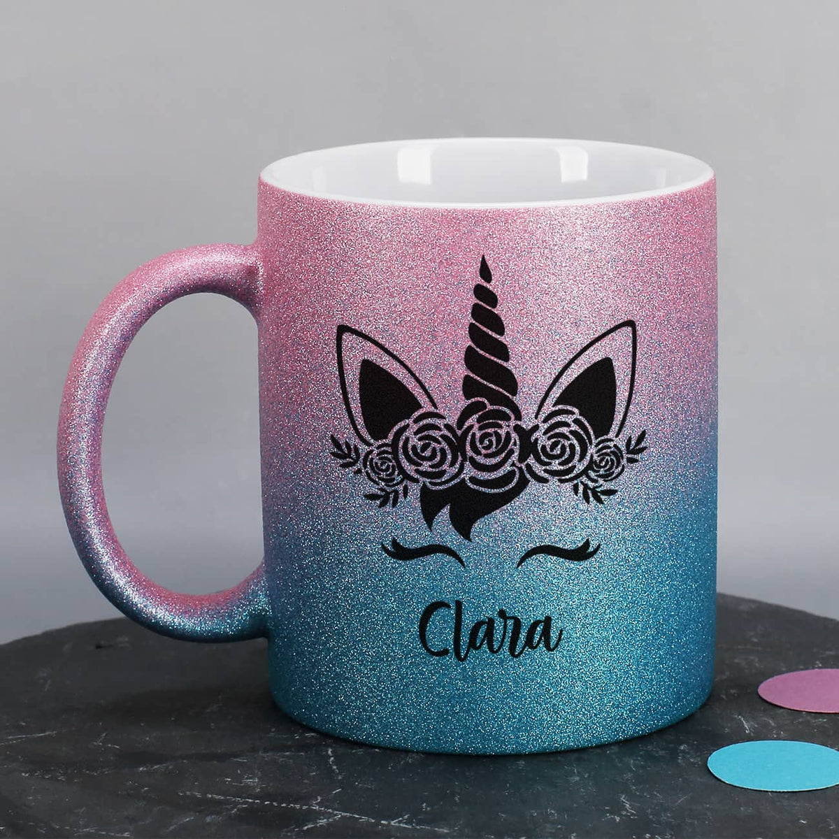 Einhorn - Glitzertasse in Pink/Blau mit Name persönlich bedruckt