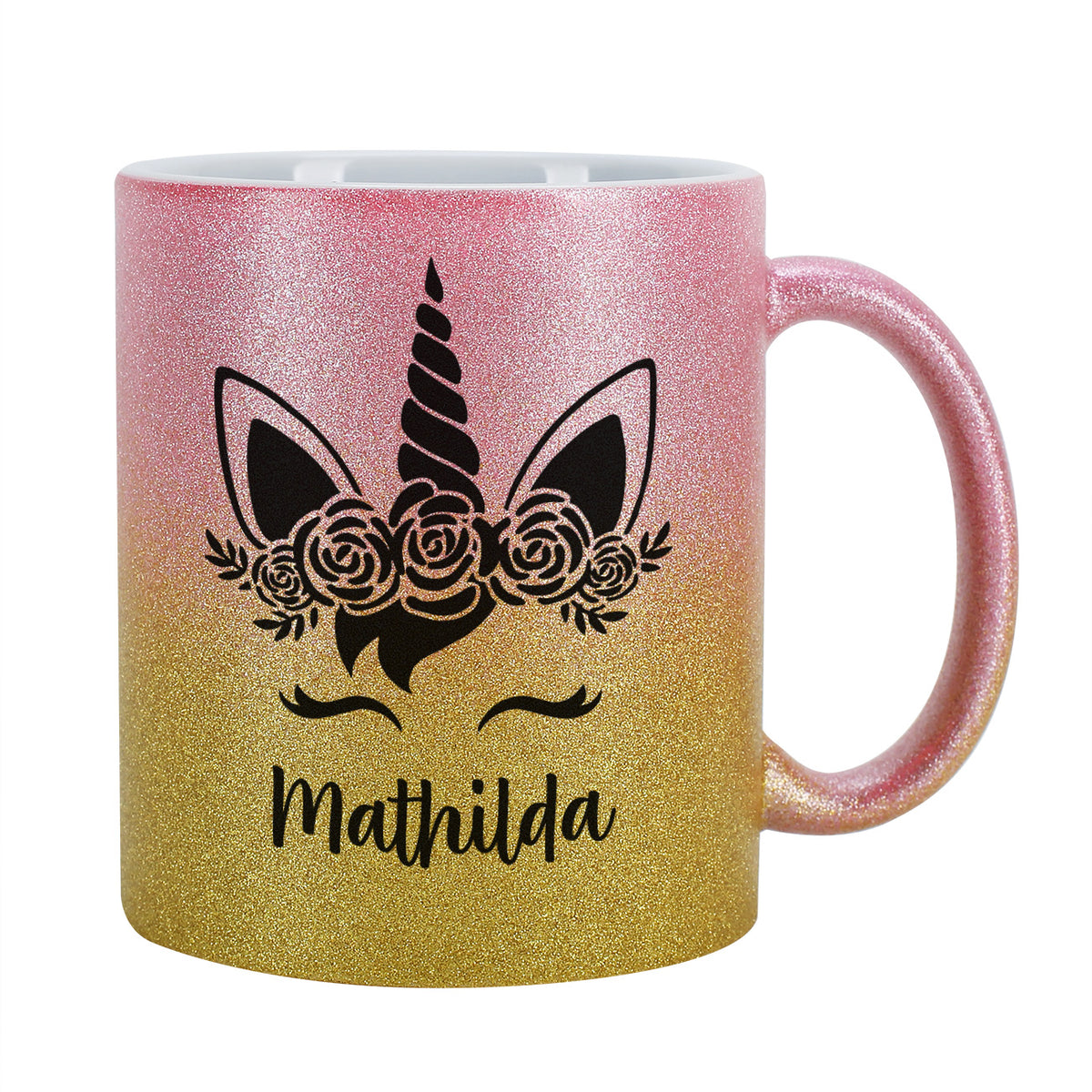 Einhorn - Glitzertasse in Pink/Gold mit Name persönlich bedruckt
