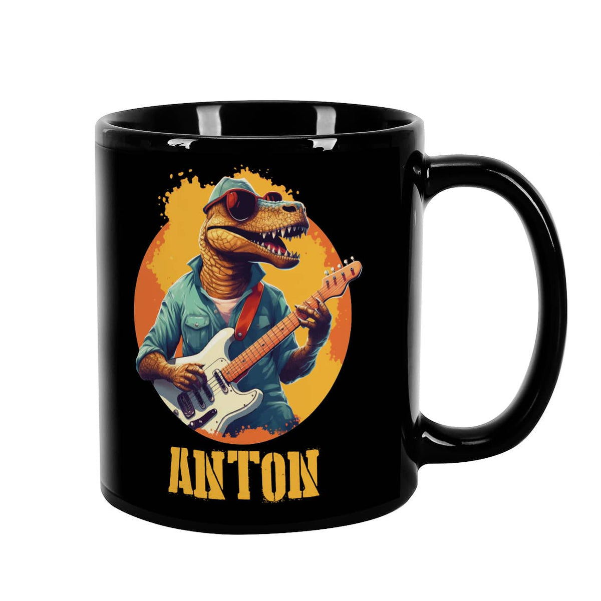 Neuer Lieblingsbecher in schwarz mit rockenden T-Rex und Name