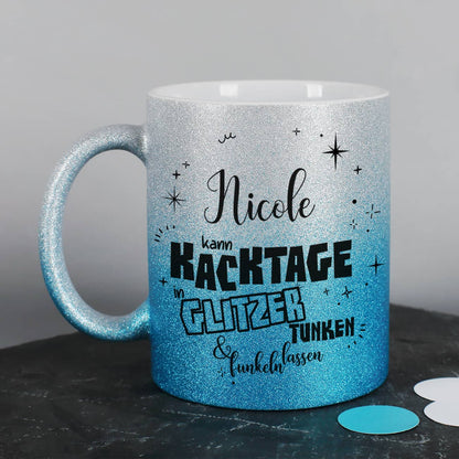 Glitzertasse Silber-Blau - Kacktage funkeln lassen - mit Name