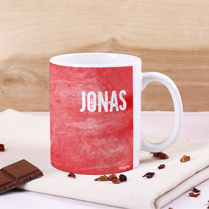 Rote Tasse für Soccer-Fans mit Namensaufdruck