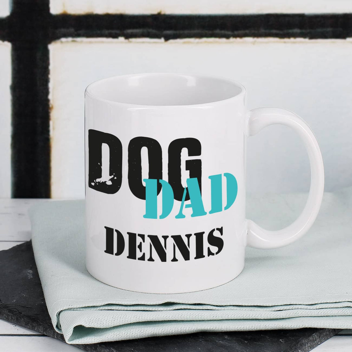 Keramiktasse "Dog Dad" mit Wunschname bedruckt
