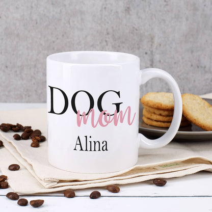 Fototasse mit Schriftzug "Dog Mom" und Wunschname