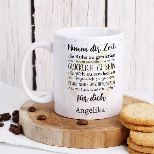 Tasse zur Rente - Nimm dir Zeit für dich - mit guten Wünschen und kurzem Wunschtext