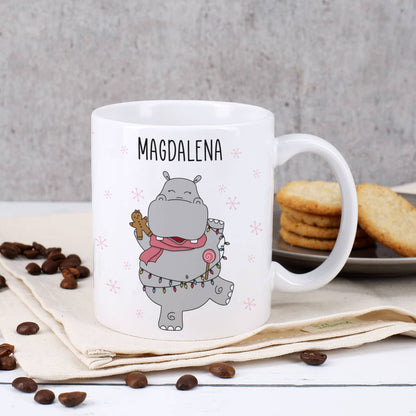 Tasse mit Name mit weihnachtlichem Nilpferd Motiv