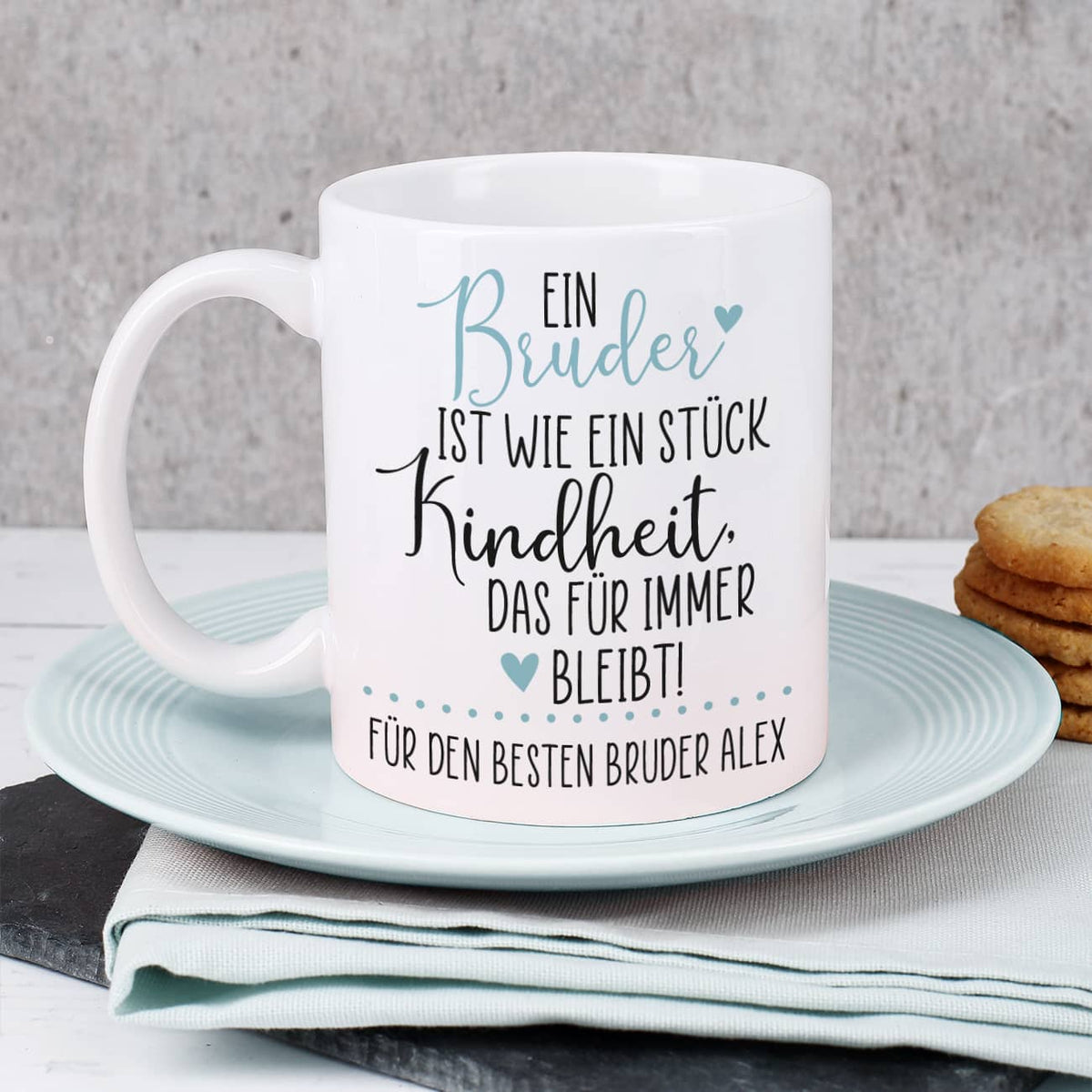Beidseitig bedruckte Tasse für den Bruder mit Text nach Wunsch