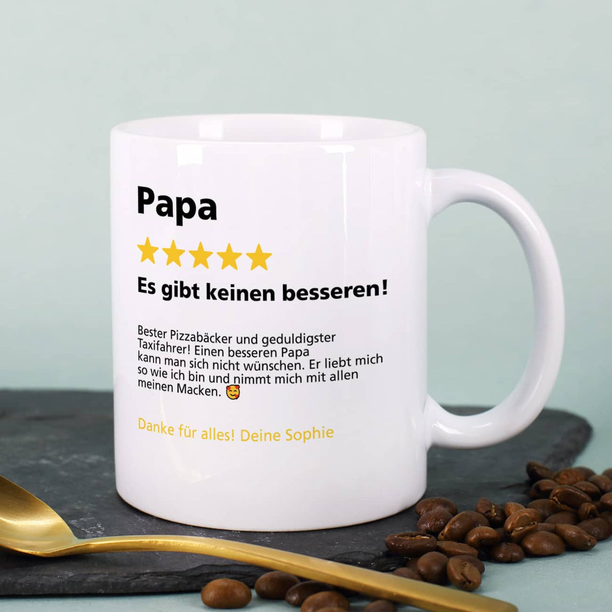 Tasse aus weißem Keramik mit lustiger Bewertung nach Wunsch als Aufdruck
