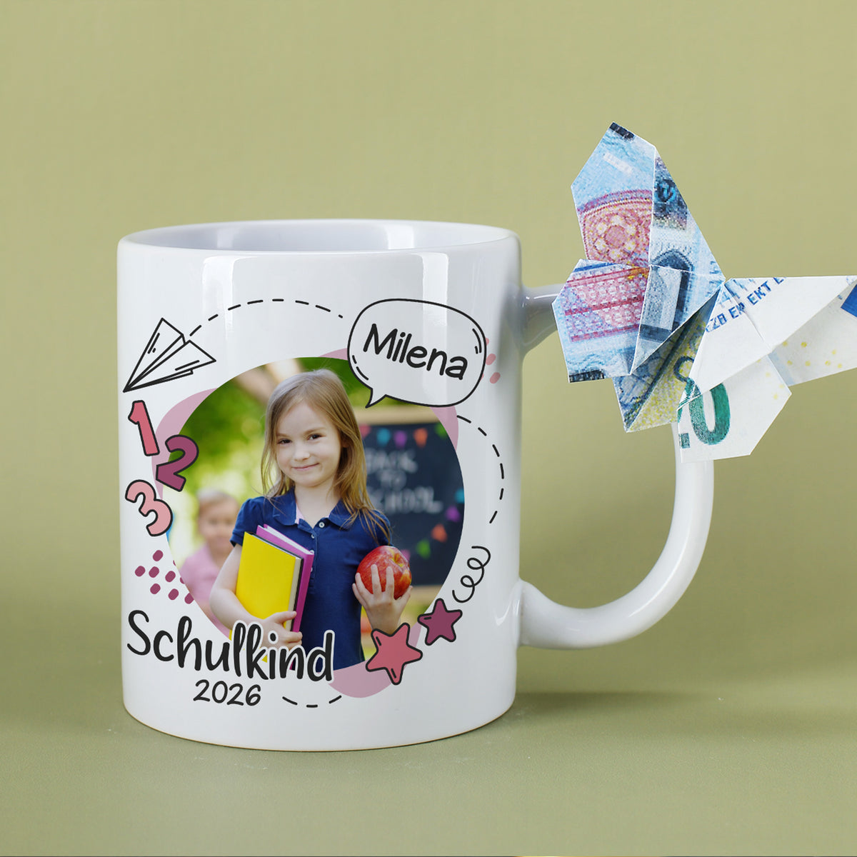 Fototasse zur Einschulung mit Foto und Name in Farbvariante Rosa