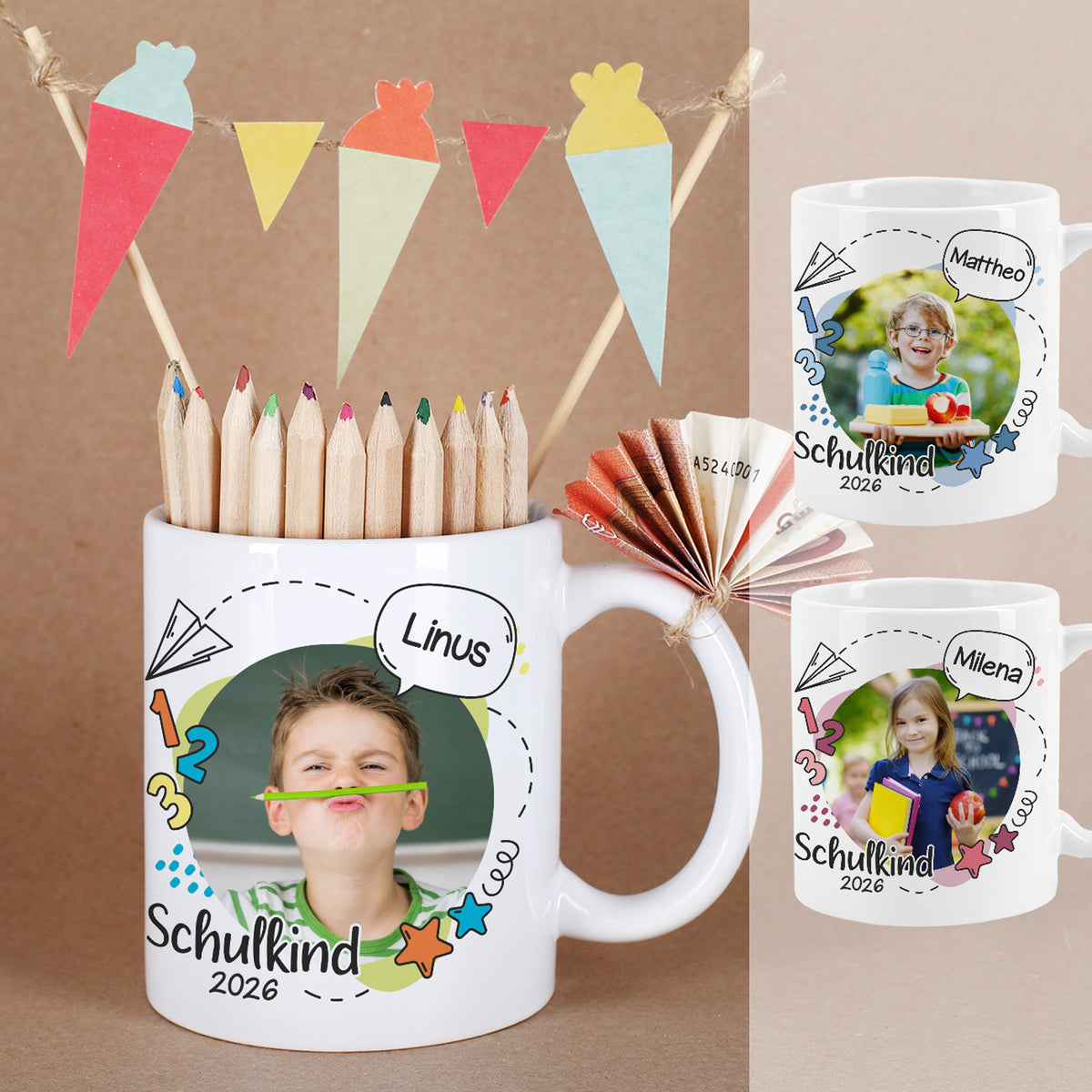Fototasse zur Einschulung mit Foto und Name in 3 Farbvarianten