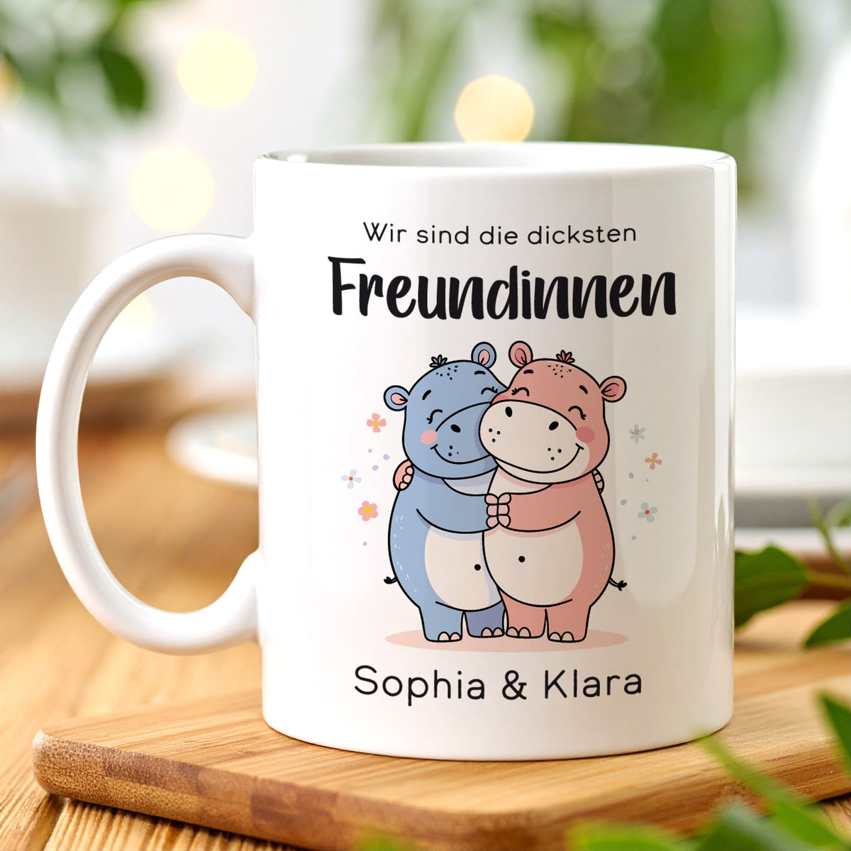 Freundschaftstasse mit "Für die dicksten Freunde" und drei Zeilen Text