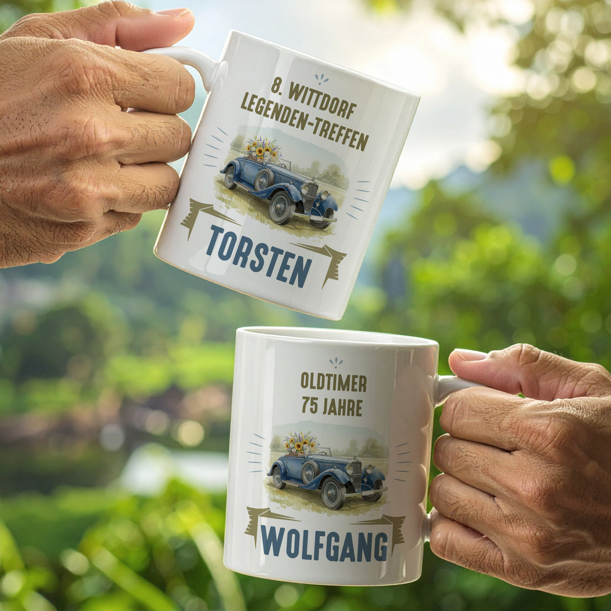 Zwei Oldtimer-Tassen mit individuellen Sprüchen und Namen Jonas und Robert