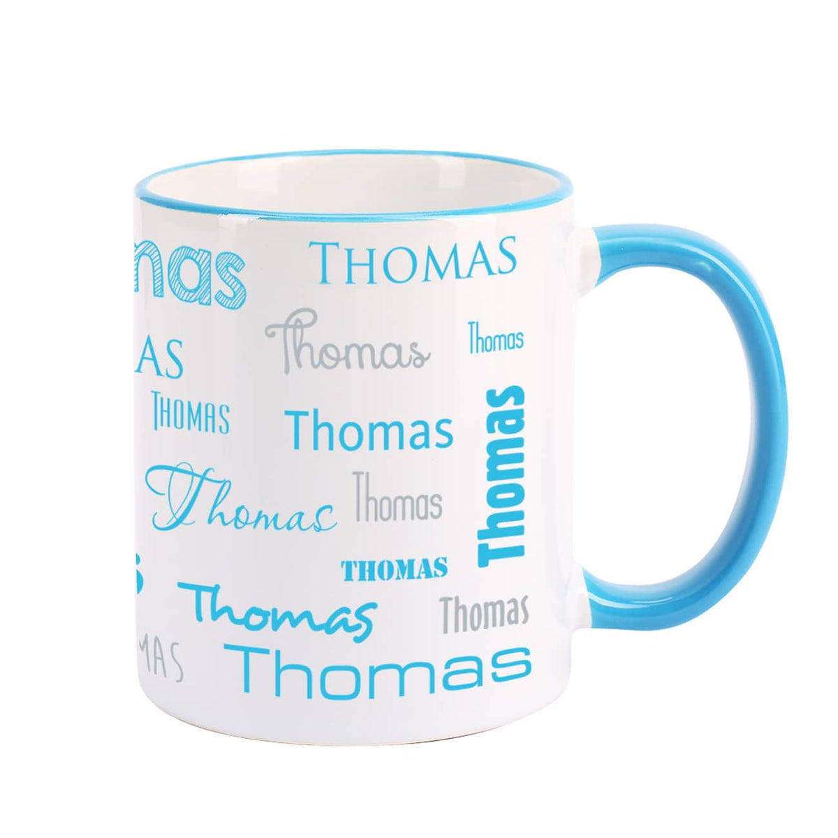 Name Tasse mit hellblauem Rand und Henkel