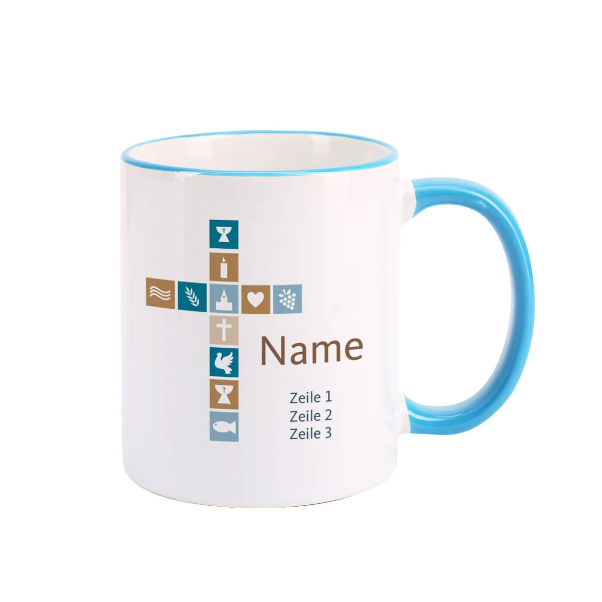 Tasse für Jungen zur Kommunion, Konfirmation oder Taufe mit Kreuz, Name und Wunschtext