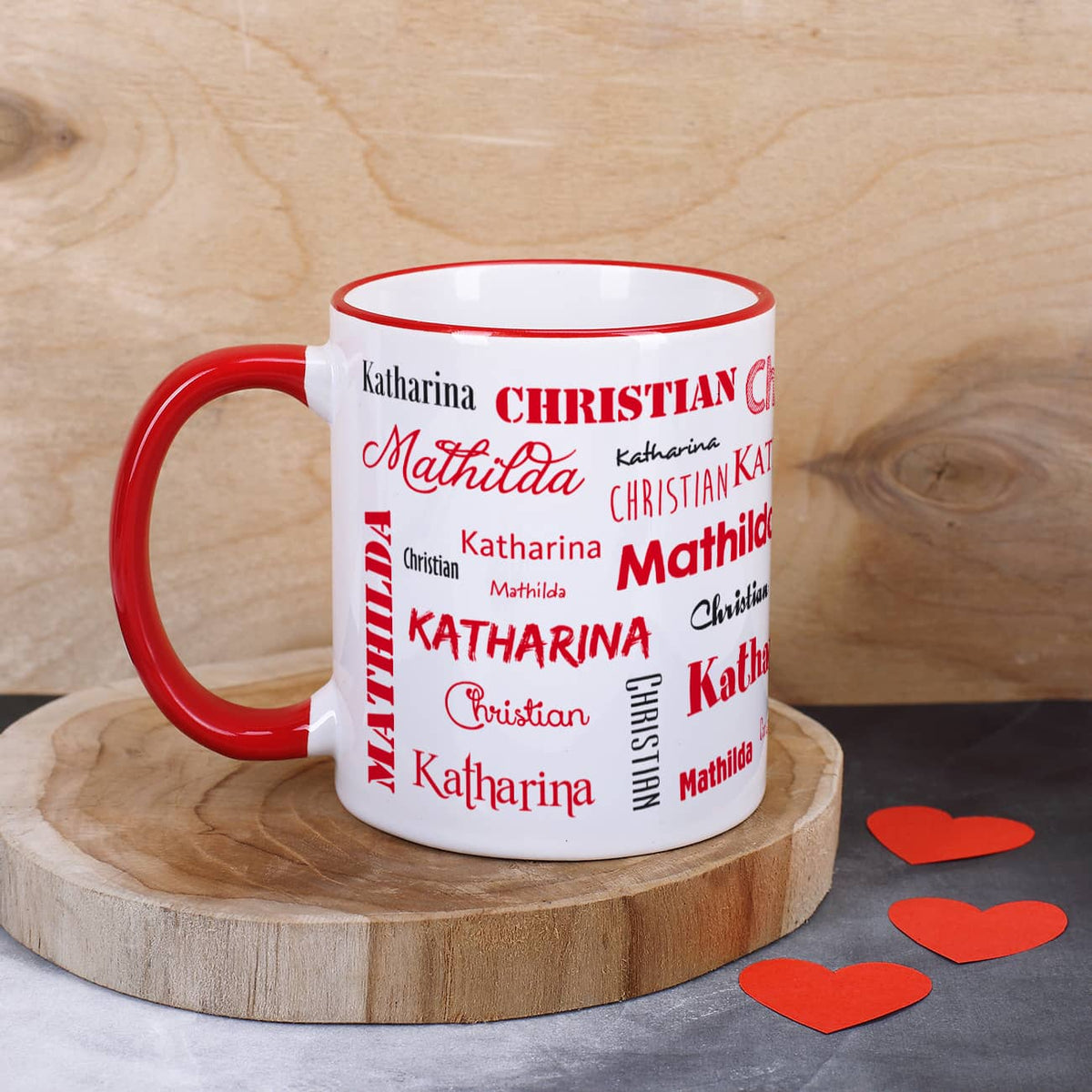 Tasse mit drei Namen, rot