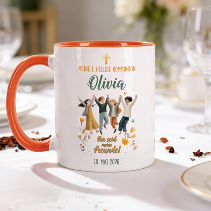 Tasse zur Kommunion mit Wunschname und Datum als Geschenkidee, weiß mit farbigem Rand