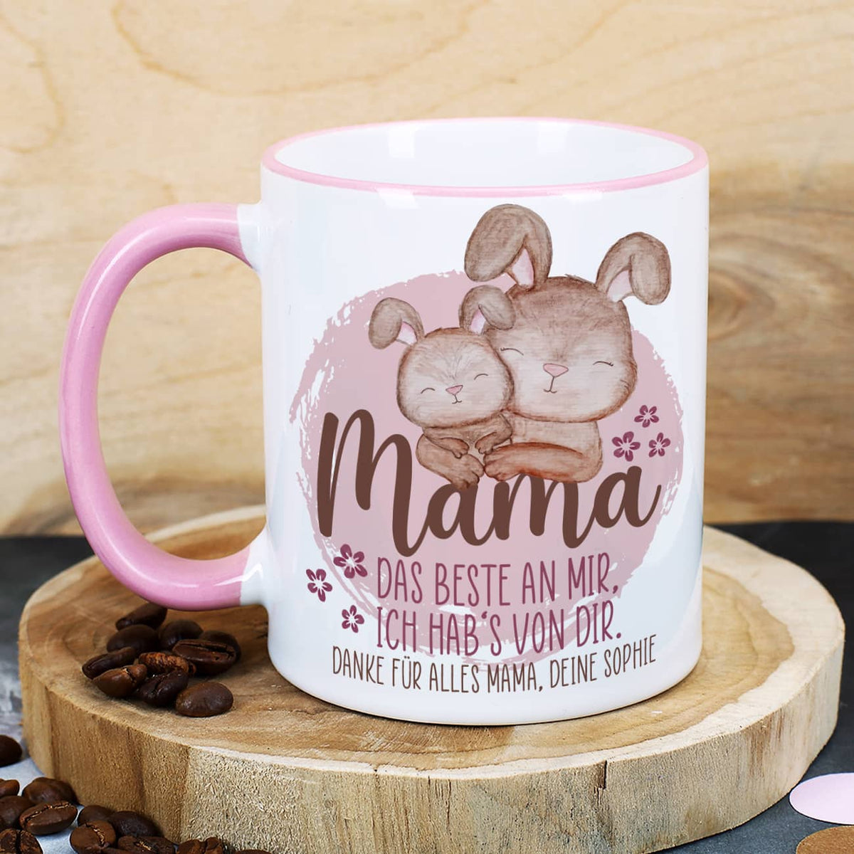 Tasse zum Muttertag mit rosa Henkel und Tassenrand