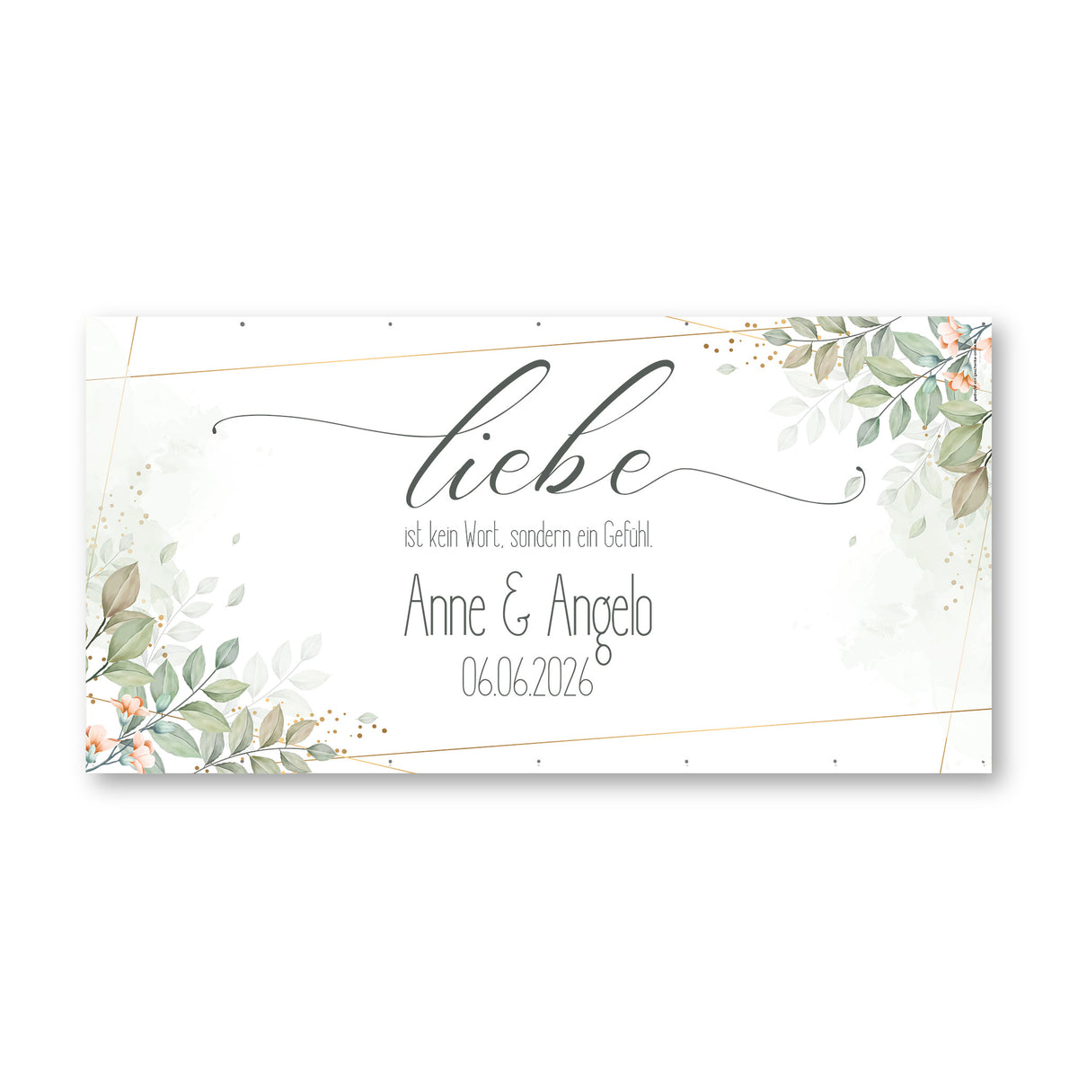 Freigestelltes XXXL Hochzeitsbanner mit Liebe Spruch, Namen und Datum