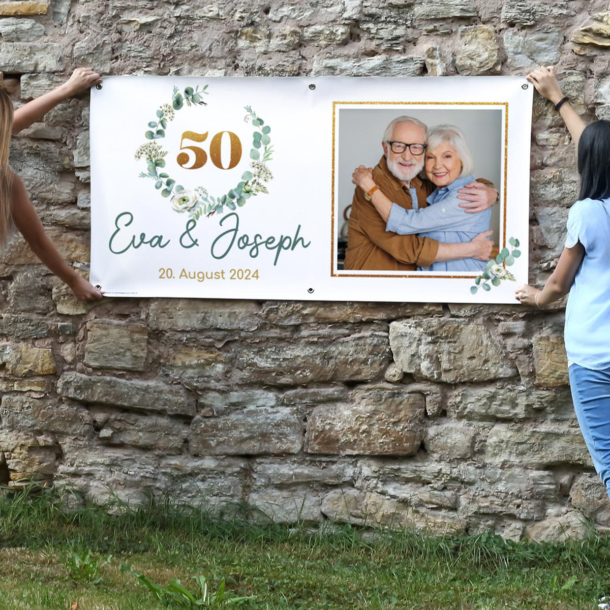 Banner goldene Hochzeit mit Eukalyptuszweigen