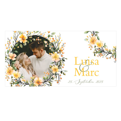 Foto-Banner zur Hochzeit mit Namen, Datum und Blumen-Motiv 160x80cm