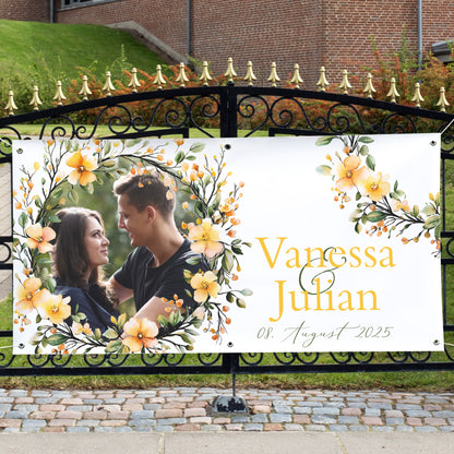 Foto-Banner zur Hochzeit mit Namen, Datum und Blumen-Motiv 160x80cm