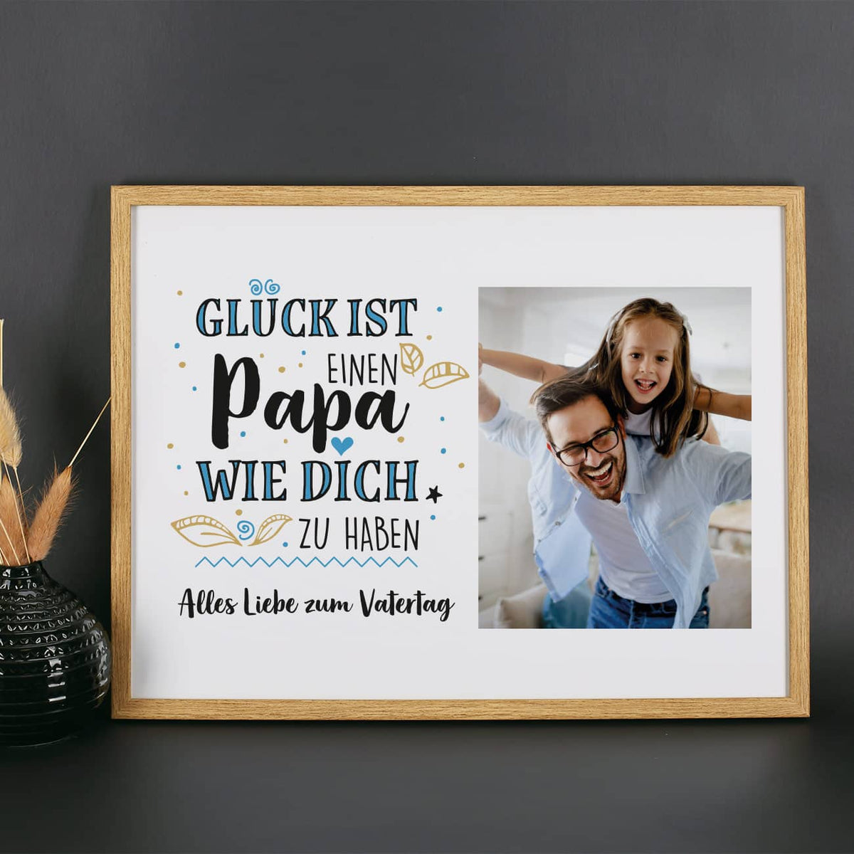 Glück ist einen Papa wie Dich zu haben - Bilderrahmen in Holzoptik mir Fotoaufdruck und Wunschtext