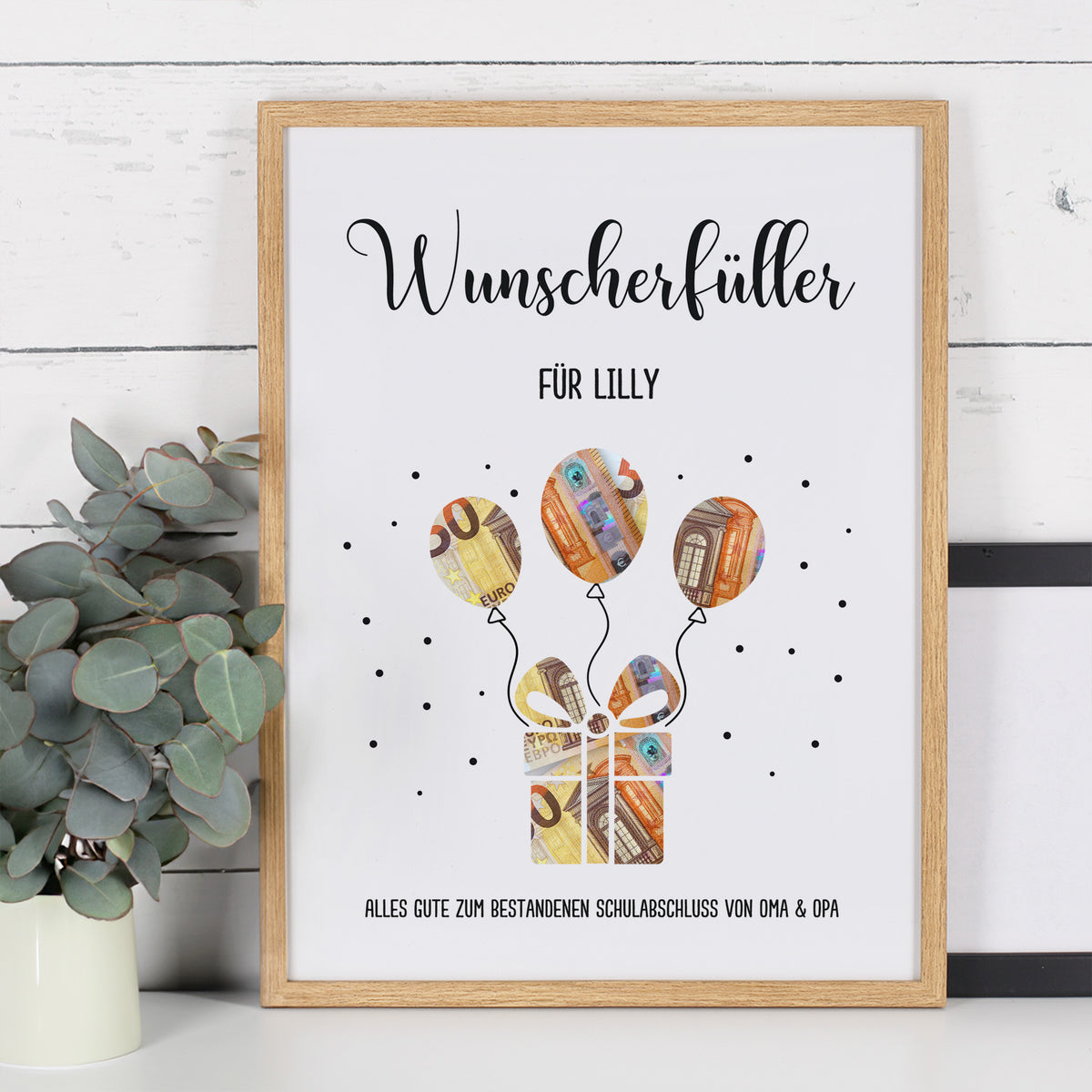 Wunscherfüller im Holzrahmen für Lilly, Geldscheine als Luftballons integriert, Geschenk zum Schulabschluss