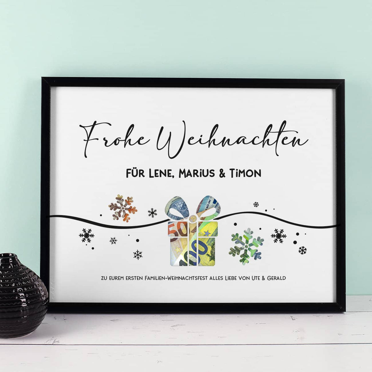 Geldgeschenk zu Weihnachten - Bilderrahmen mit 3 Zeilen Wunschtext, 30x40cm