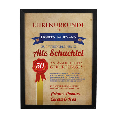 Ehrenurkunde Alte Schachtel im Bilderrahmen