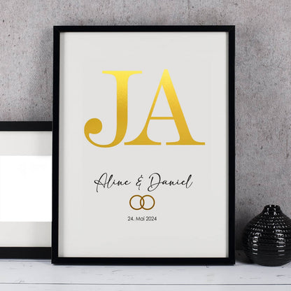 Hochzeitsgeschenk Bilderrahmen mit Goldschrift, Namen & Datum, 30x40cm