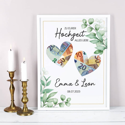 Bilderrahmen zur Hochzeit als Geldgeschenk mit Namen & Datum personalisiert