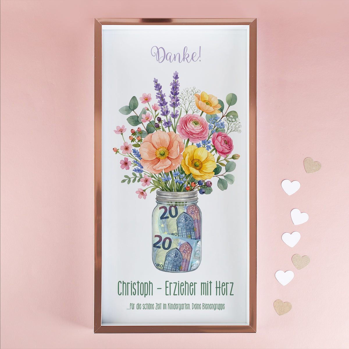 Geldgeschenk Bilderrahmen mit Danke Schriftzug, Blumenstrauß Motiv und Geldscheinen im Glas für Erzieher Christoph