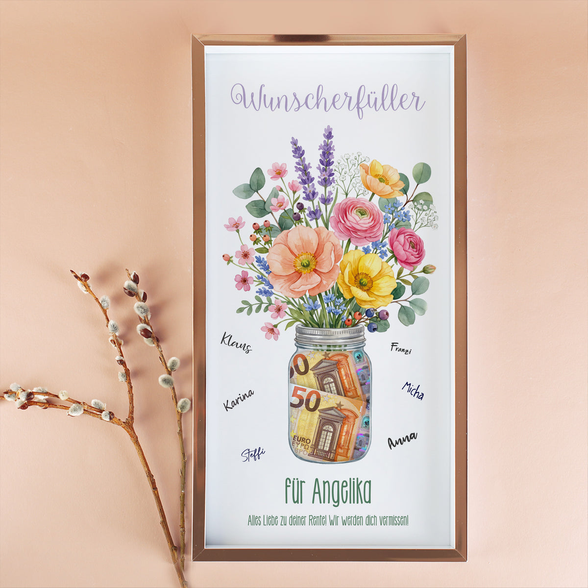 Wunscherfüller Bilderrahmen für Angelika zur Rente mit Blumenstrauß, Geldscheinen im Glas und Namen rund um das Motiv