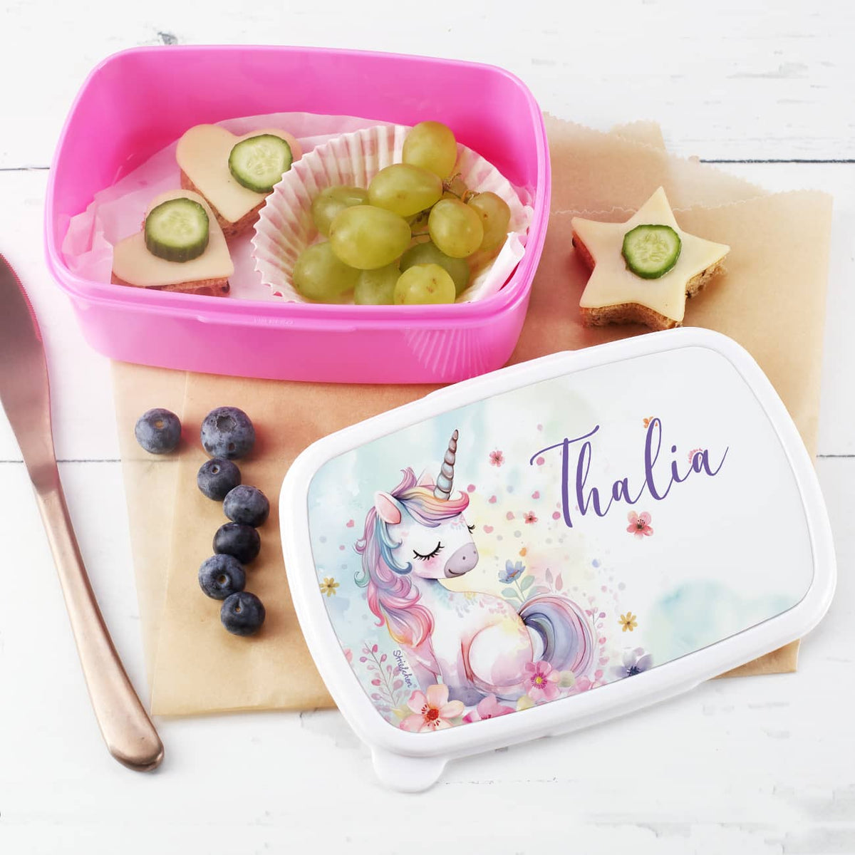Einhorn Brotdose in pink mit Ihrem Wunschnamen bedruckt