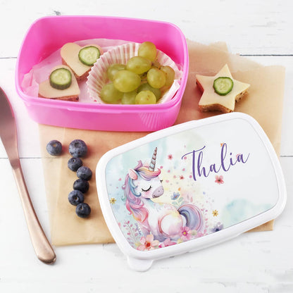 Einhorn Brotdose in pink mit Ihrem Wunschnamen bedruckt