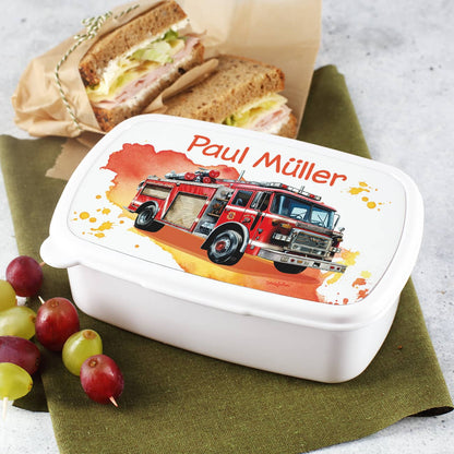 Brotdose mit Feuerwehrauto und Wunschname bedruckt